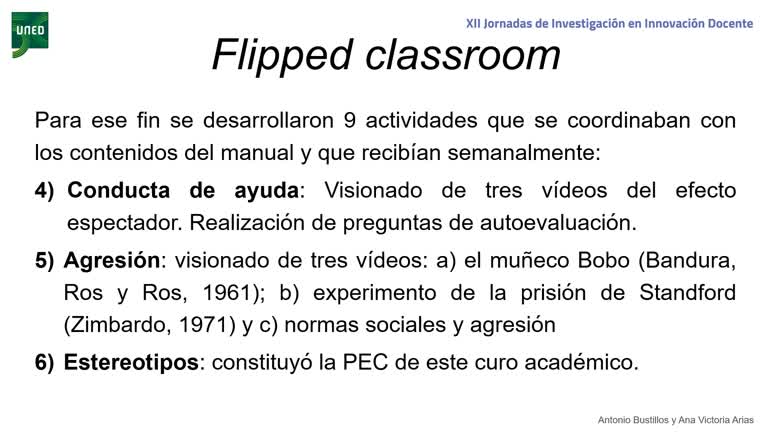 062. Línea 1. Implementación de actividades Flipped Clasroom en al asignatura de Psicología Social (Sociología/Antropología): Hacia una asignatura UNED 60/40