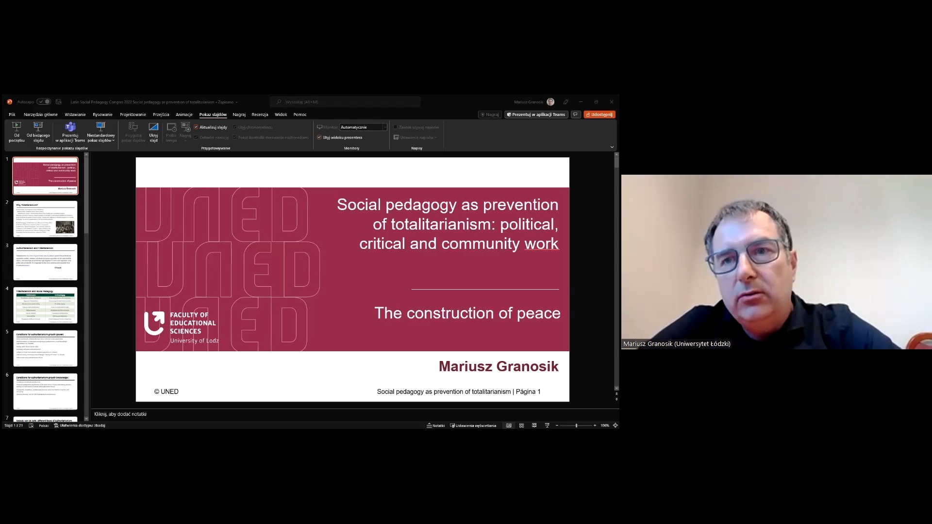 Social pedagogy as prevention of totalitarianism: political, critical and community dimension of education: The construction of peace from the University of Łódź 